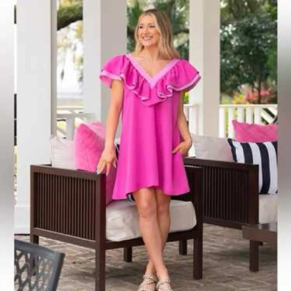 Emily McCarthy Kensington Ruffle V-Neck Dress Womens Pink XS
